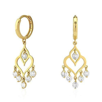 14k Yellow & White Gold CZ Chandelier  Huggie Hoop Earrings