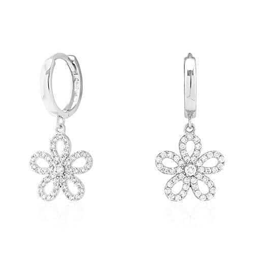 14k Yellow & White Gold CZ Flower Huggie Hoop Earrings