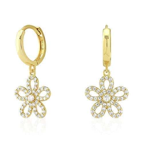 14k Yellow & White Gold CZ Flower Huggie Hoop Earrings