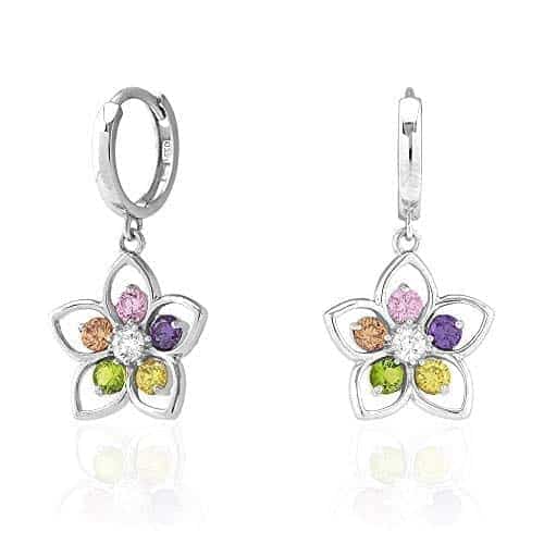 14k Yellow & White Gold Multi-color Gemstone Flower Huggie Hoop Earrings