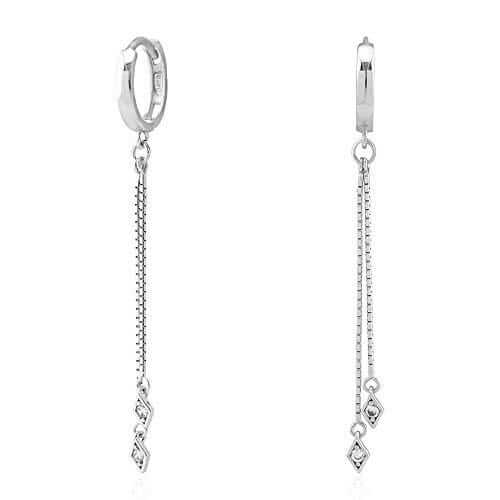 14K White Gold CZ Box Chain Huggie Hoop Earrings