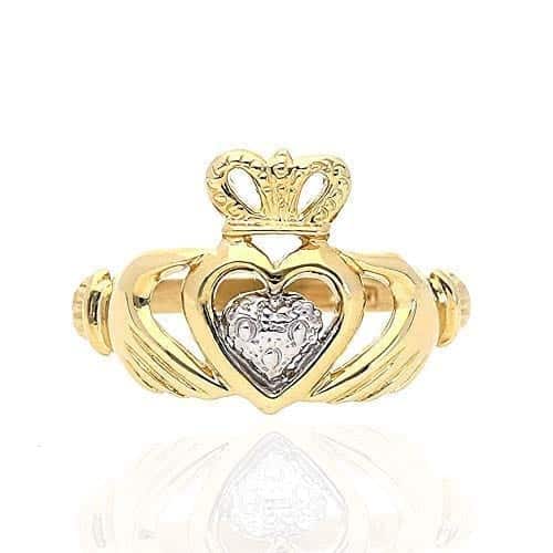 10k Yellow & White Gold Irish Claddagh Heart & Crown Textured Ring