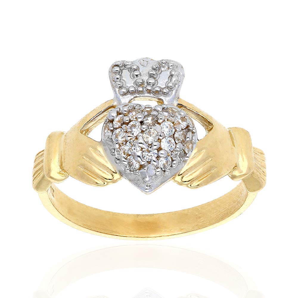 10k Yellow & White Gold Created Diamond Irish Claddagh Heart & Crown Ring