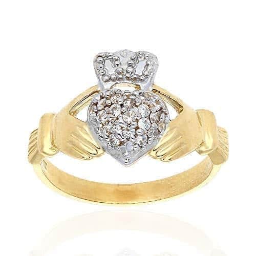 10k Yellow & White Gold Created Diamond Irish Claddagh Heart & Crown Ring
