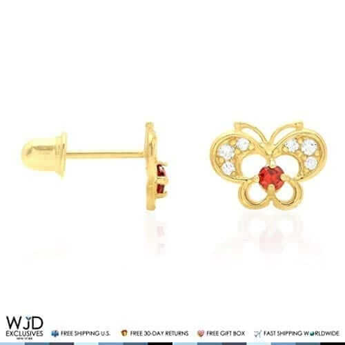14k Yellow Gold Pave Birthstone Butterfly Screw Back Stud Kid Earrings