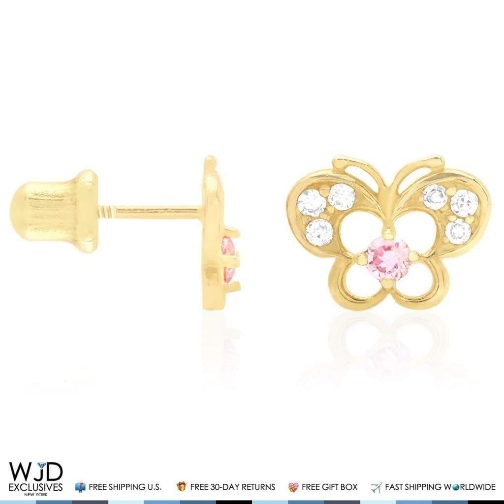 14k Yellow Gold Pave Birthstone Butterfly Screw Back Stud Kid Earrings