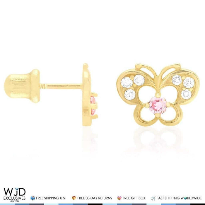 14k Yellow Gold Pave Birthstone Butterfly Screw Back Stud Kid Earrings