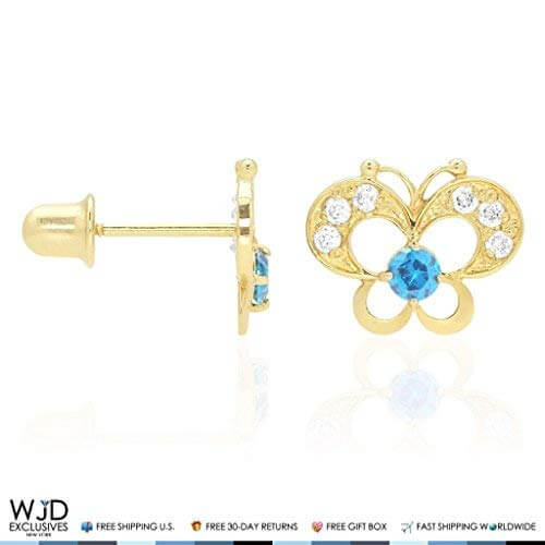 14k Yellow Gold Pave Birthstone Butterfly Screw Back Stud Kid Earrings