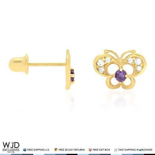 14k Yellow Gold Pave Birthstone Butterfly Screw Back Stud Kid Earrings