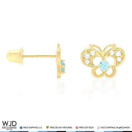 14k Yellow Gold Pave Birthstone Butterfly Screw Back Stud Kid Earrings