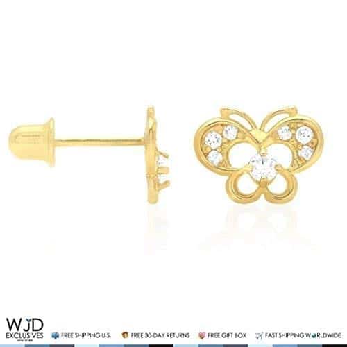 14k Yellow Gold Pave Birthstone Butterfly Screw Back Stud Kid Earrings