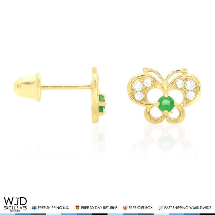 14k Yellow Gold Pave Birthstone Butterfly Screw Back Stud Kid Earrings