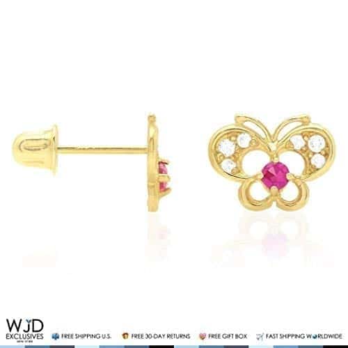 14k Yellow Gold Pave Birthstone Butterfly Screw Back Stud Kid Earrings