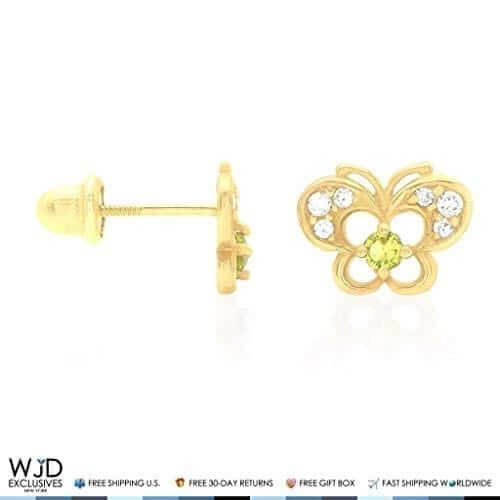 14k Yellow Gold Pave Birthstone Butterfly Screw Back Stud Kid Earrings