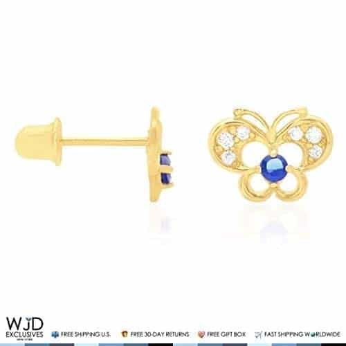 14k Yellow Gold Pave Birthstone Butterfly Screw Back Stud Kid Earrings