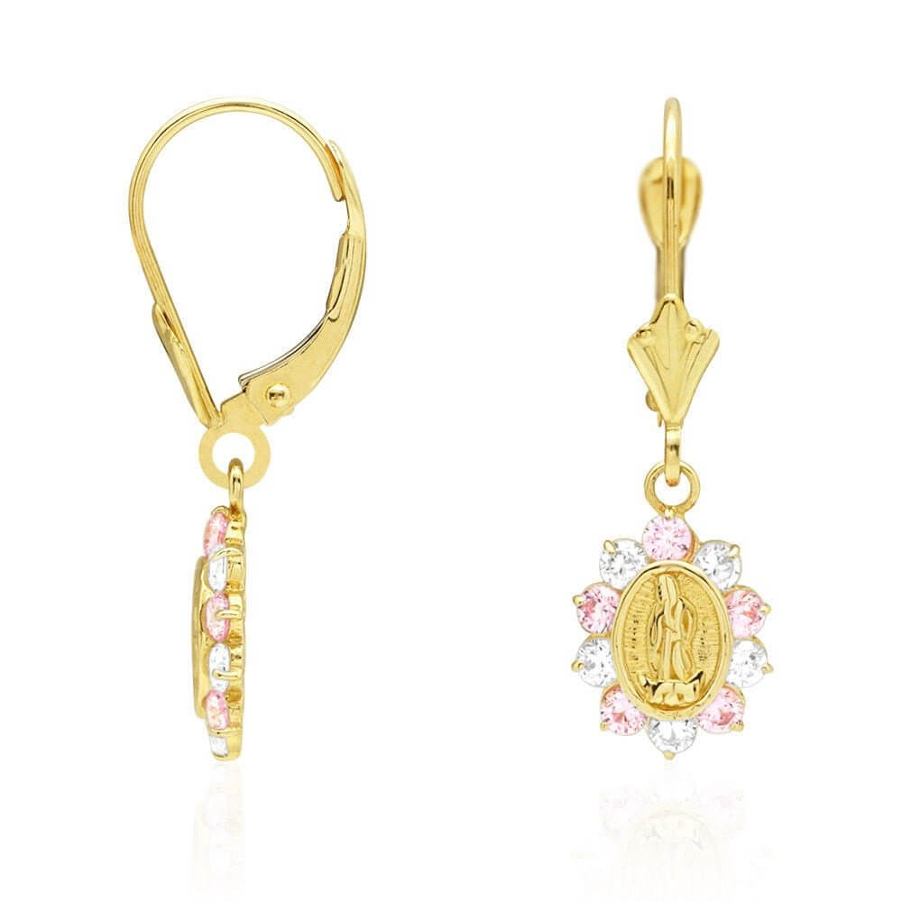 14k Yellow Gold Birthstone Virgin Guadalupe Oval Leverback Earrings 1"