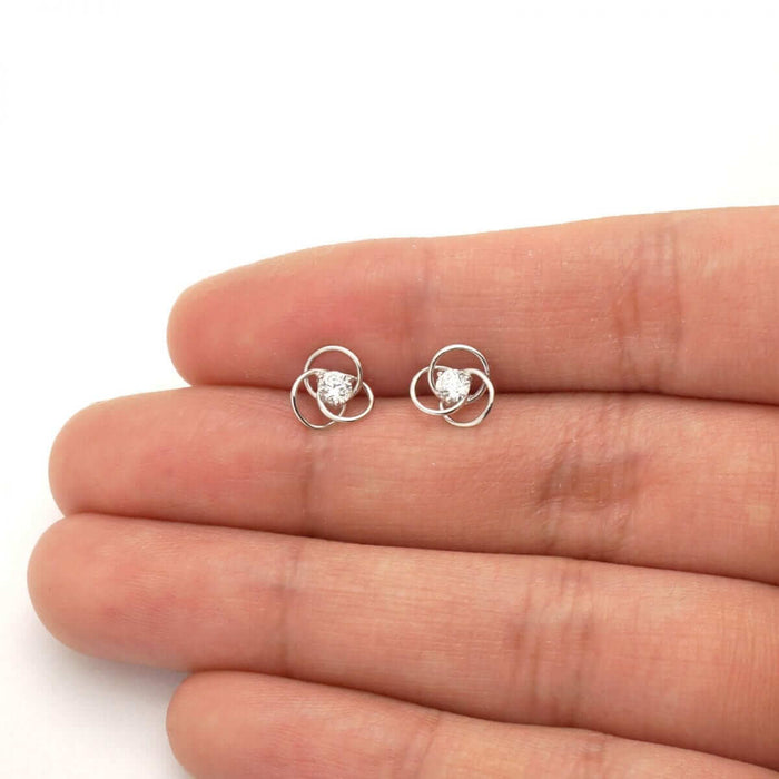 14K Yellow Gold White Triple Ring CZ Screw Back Stud Earrings