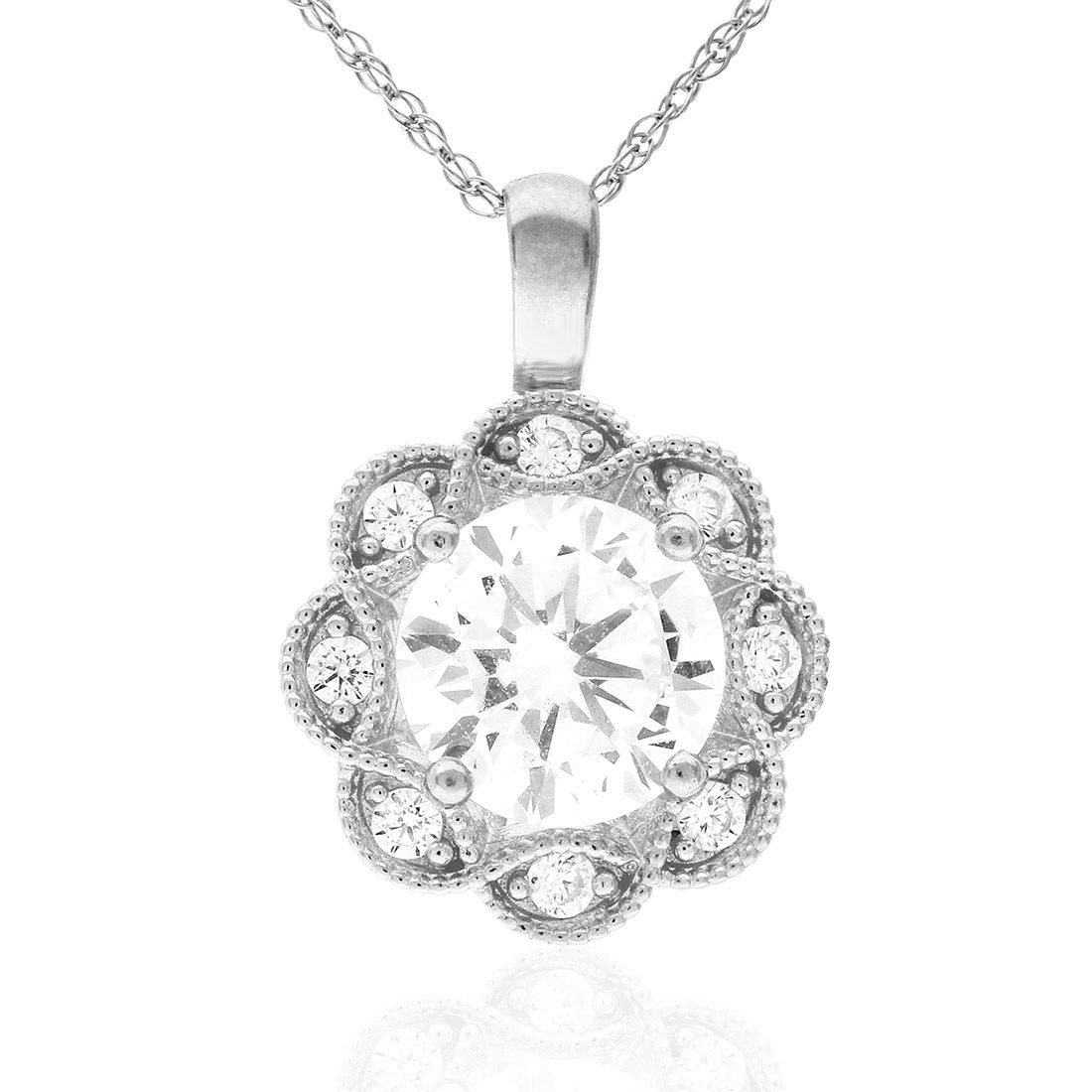 1.75CT CZ 14K Gold Milgrain Flower Halo Pendant Necklace 18"