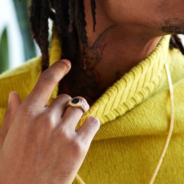 10K Gold Two Tone Yellow White Oval Black Onyx Jubilee Signet Ring