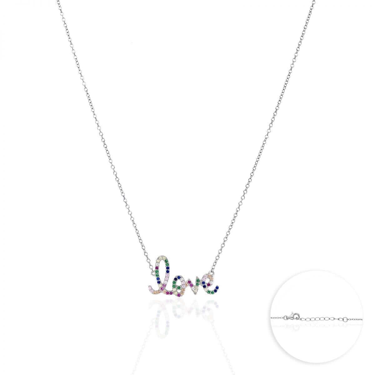 Gold Over Silver 1mm Multicolor CZ Love Necklace 16.5"-18" Adjustable