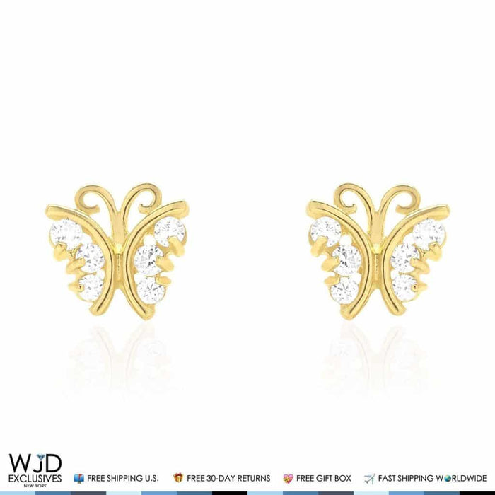 White Zircon Butterfly Baby Screw Back Stud Kid Earrings 14K Real Yellow Gold