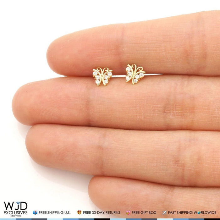 White Zircon Butterfly Baby Screw Back Stud Kid Earrings 14K Real Yellow Gold