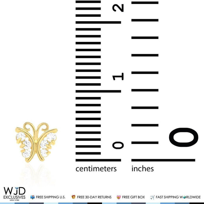 White Zircon Butterfly Baby Screw Back Stud Kid Earrings 14K Real Yellow Gold