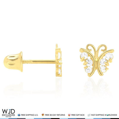 White Zircon Butterfly Baby Screw Back Stud Kid Earrings 14K Real Yellow Gold