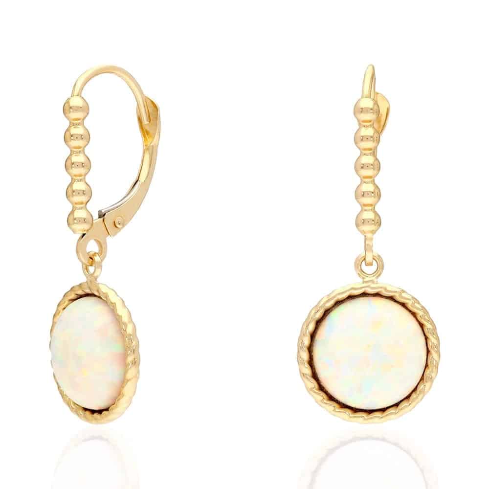 14K Real Gold Yellow, White Twisted Bezel Fire Opal Leverback Earrings 11.5mm