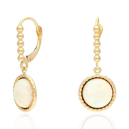 14K Real Gold Yellow, White Twisted Bezel Fire Opal Leverback Earrings 11.5mm