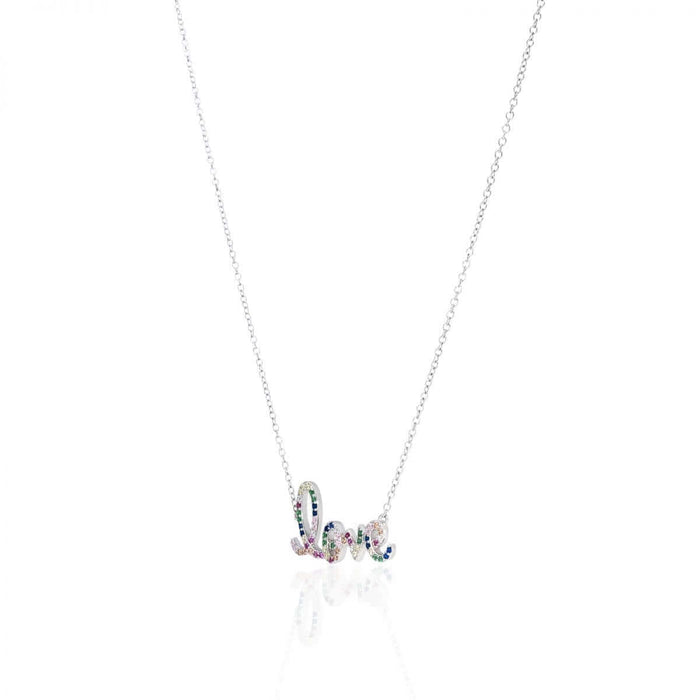 Gold Over Silver 1mm Multicolor CZ Love Necklace 16.5"-18" Adjustable