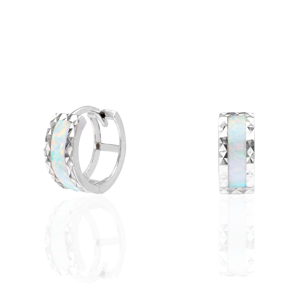 14k White Gold Diamond Cut Fire Opal Huggie Hoop Earrings 0.5"
