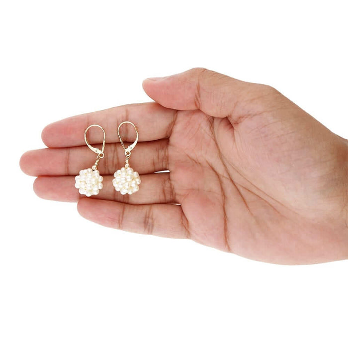 14k Yellow Gold Freshwater Pearl Cluster Leverback Earrings 1.4"