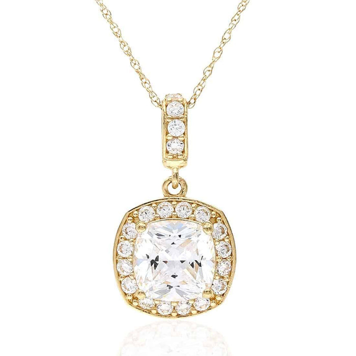 1.25CT Cushion-Cut CZ 14K Gold Square Halo Pendant with 18" Chain