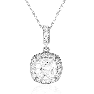 1.25CT Cushion-Cut CZ 14K Gold Square Halo Pendant with 18" Chain