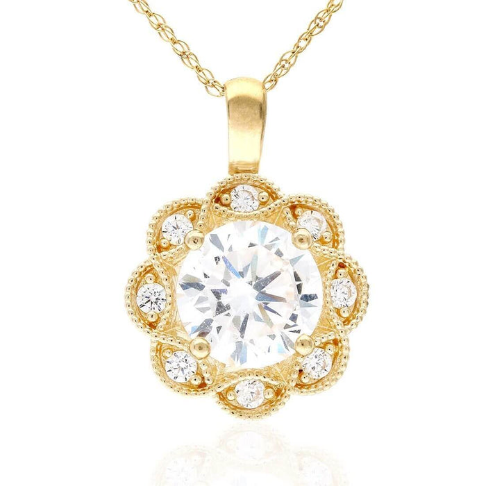 1.75CT CZ 14K Gold Milgrain Flower Halo Pendant with 18" Chain