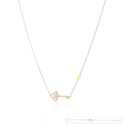 14k Yellow Gold Black Rhodium Over 925 Silver CZ Key Pendant Cable Necklace 18"