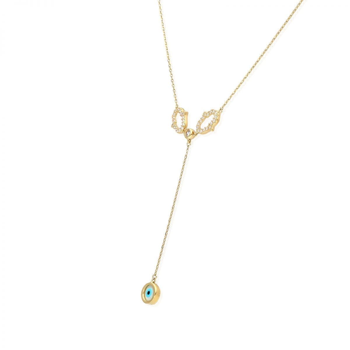 14k Yellow & White Gold Over 925 Sterling Silver CZ Hamsa Evil Eye Necklace 18"