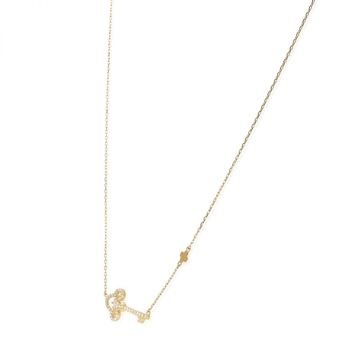 14k Yellow Gold Black Rhodium Over 925 Silver CZ Key Pendant Cable Necklace 18"