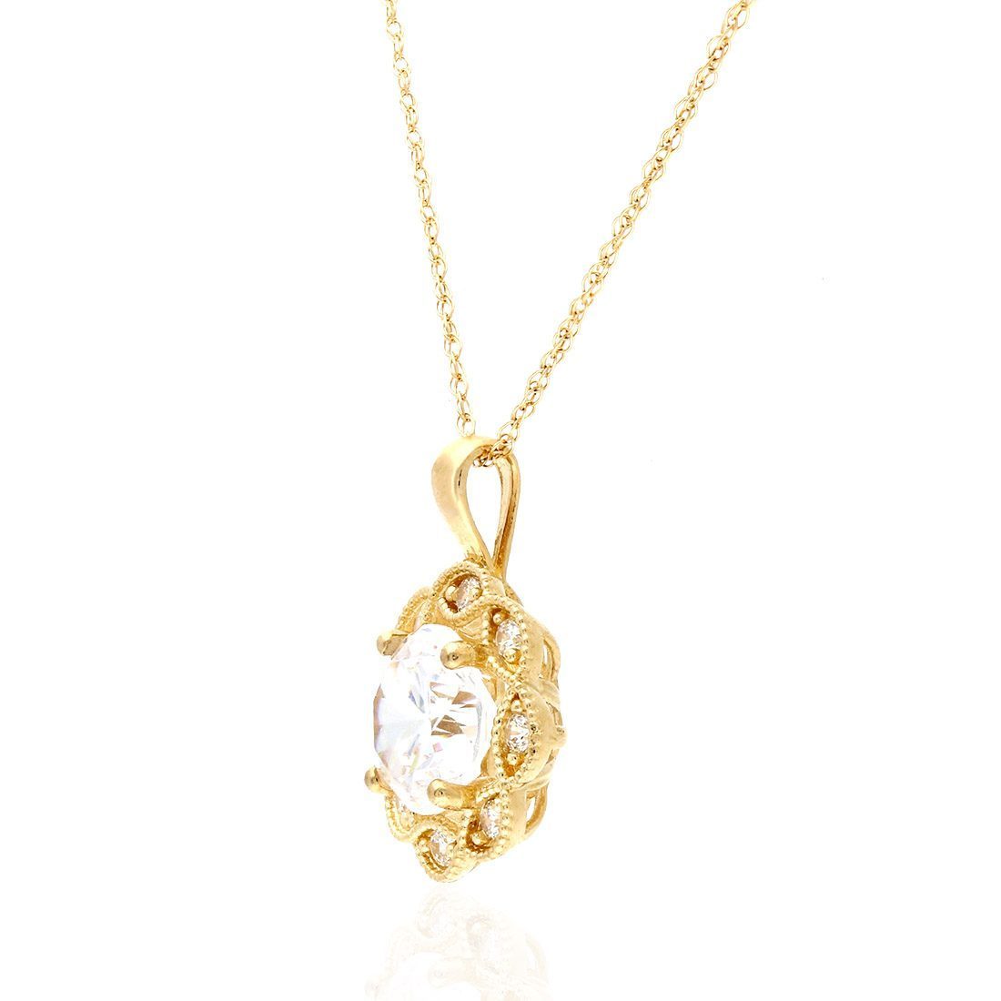 1.75CT CZ 14K Gold Milgrain Flower Halo Pendant Necklace 18"