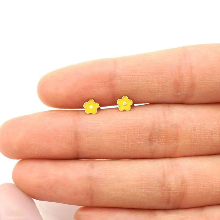 Kids 14K Gold Pink Blue Green Red White Purple Yellow Flower Stud Earrings