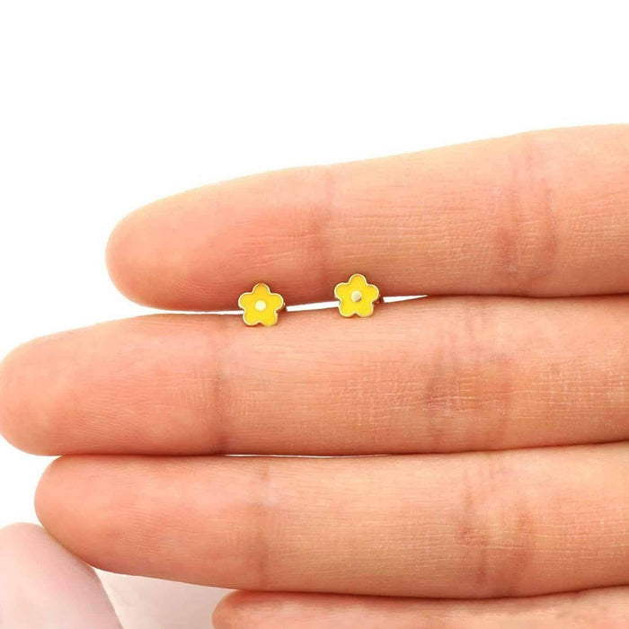 Kids 14K Gold Pink Blue Green Red White Purple Yellow Enamel Flower Earrings 7mm