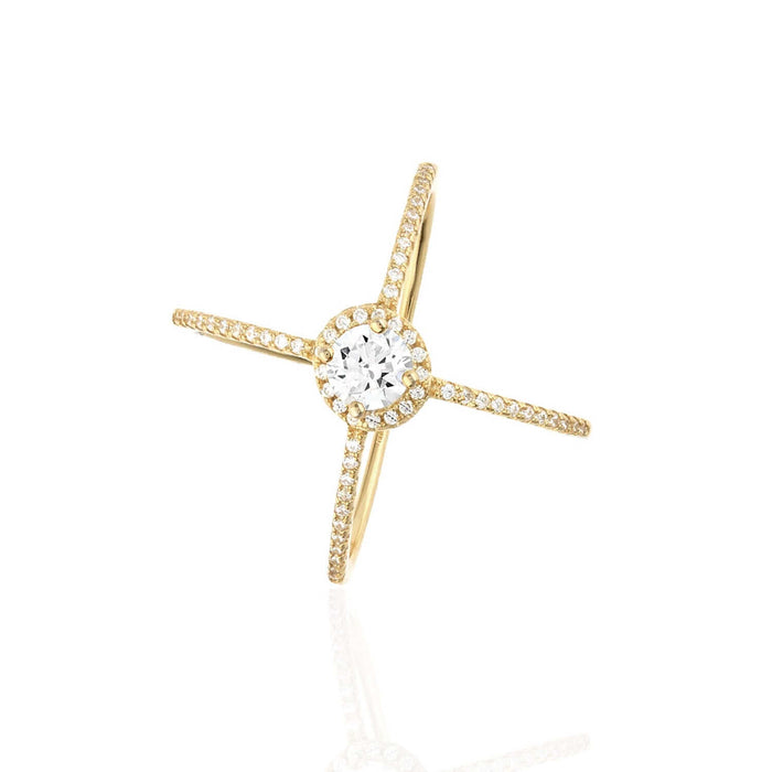 Yellow White Rose Gold Tone White Zirconia Sterling Silver Crisscross Halo Ring