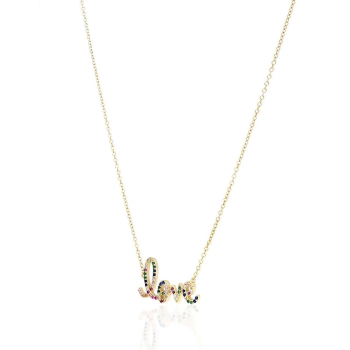 Gold Over Silver 1mm Multicolor CZ Love Necklace 16.5"-18" Adjustable