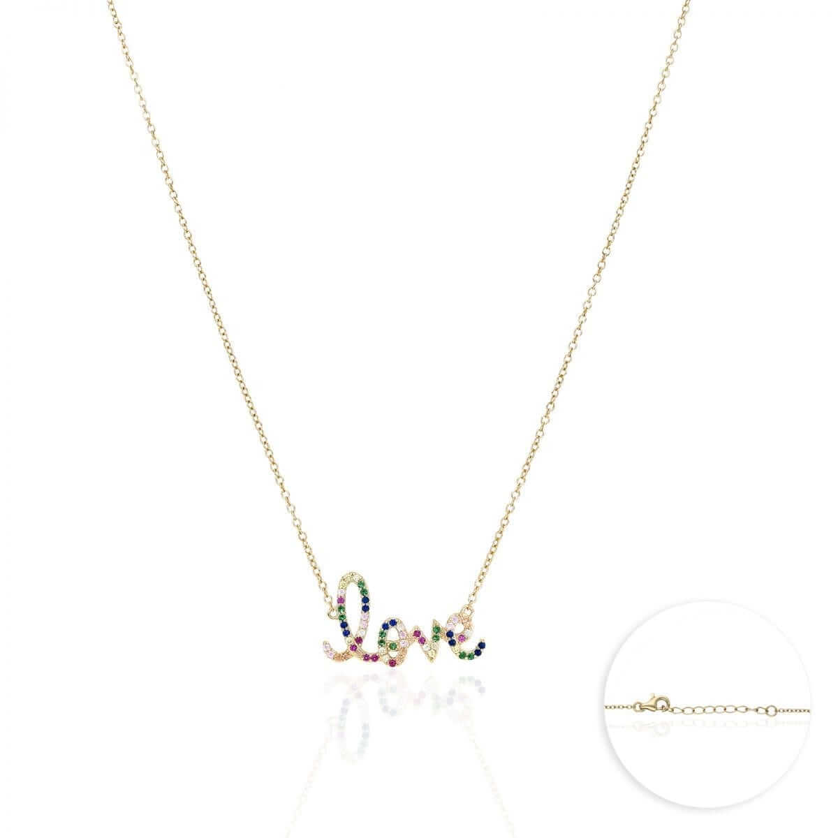Gold Over Silver 1mm Multicolor CZ Love Necklace 16.5"-18" Adjustable