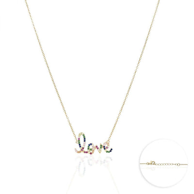 Gold Over Silver 1mm Multicolor CZ Love Necklace 16.5"-18" Adjustable