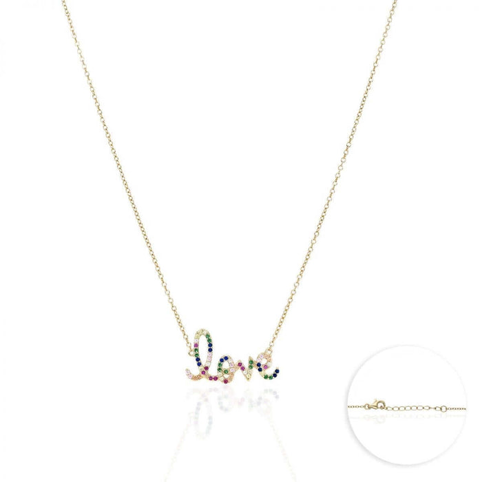 Gold Over Silver 1mm Multicolor CZ Love Necklace 16.5"-18" Adjustable