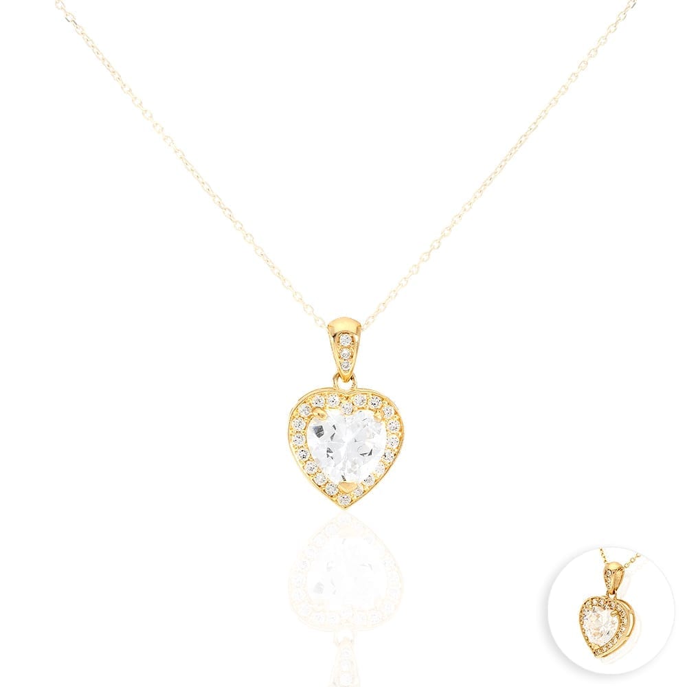 14k Yellow Gold White Gold Solitaire Birthstone Halo Heart Pendant 0.6"
