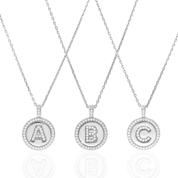Sterling Silver Initial CZ Disk Medallion Pendant with 18" Chain