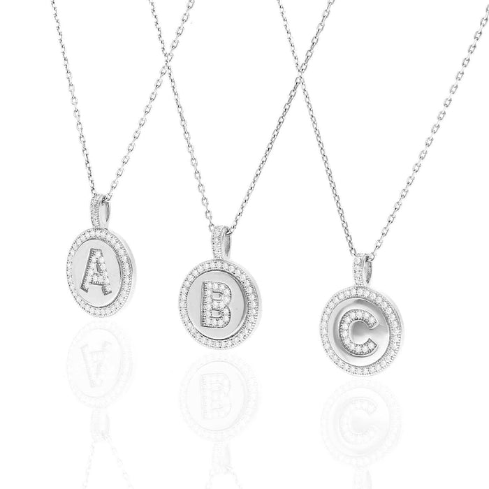 Sterling Silver Initial CZ Disk Medallion Pendant with 18" Chain